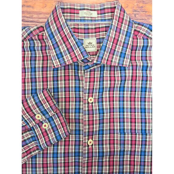 Peter Millar Mens Classic Fit Plaid Dress Shirt Large - Picture 4 of 6